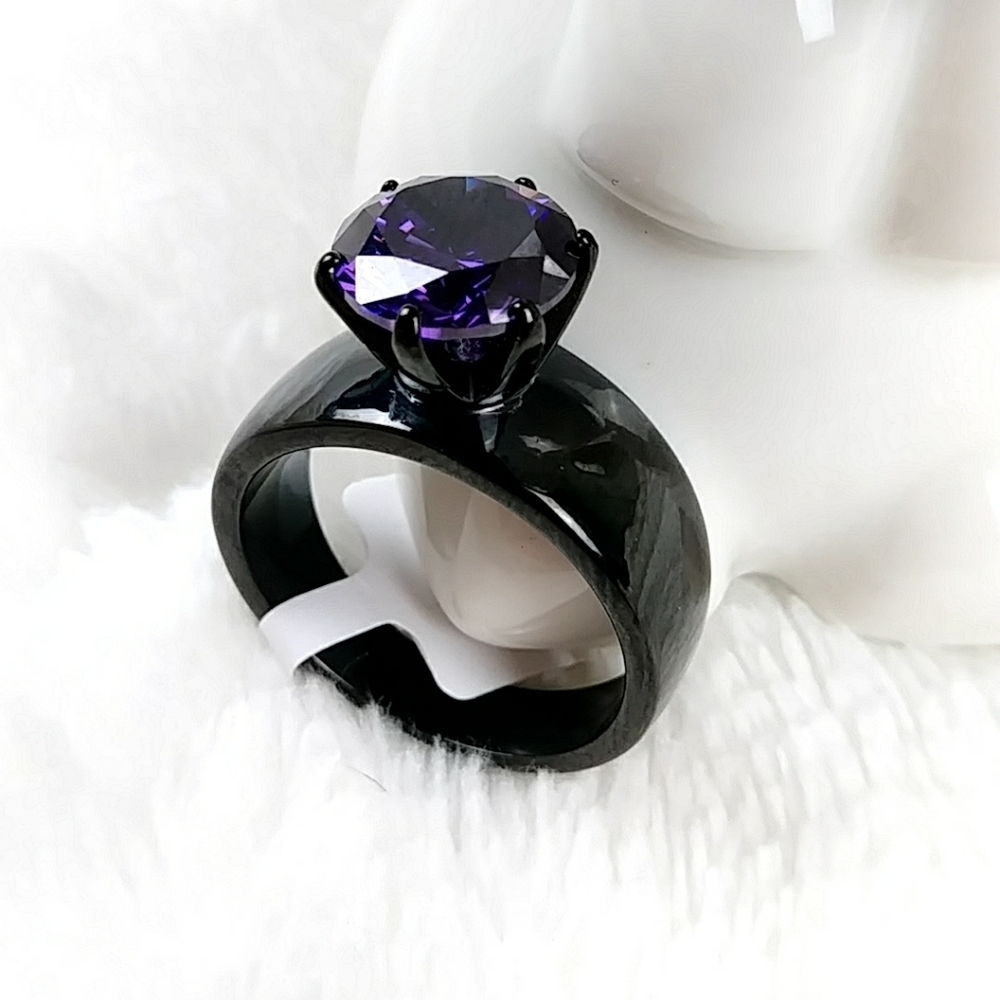 Goth Purple Solitaire Black Stainless Steel Ring - Picture 7 of 14